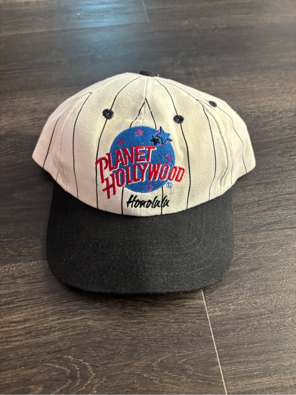 Vintage PLANET HOLLYWOOD Snapback Hat Cap White Pinstripes Honolulu